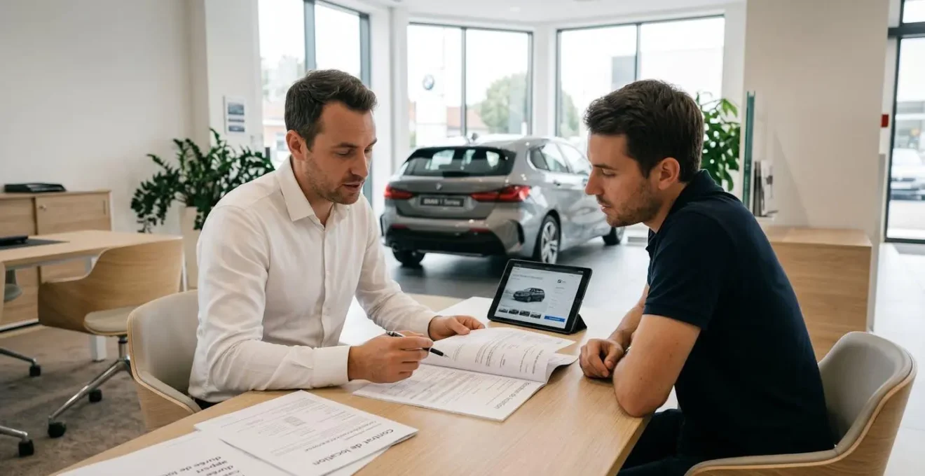 Conseiller commercial d'une concession automobile française discutant avec un client autour de documents de financement LOA sur un bureau moderne, BMW série 1 visible en arrière-plan flou