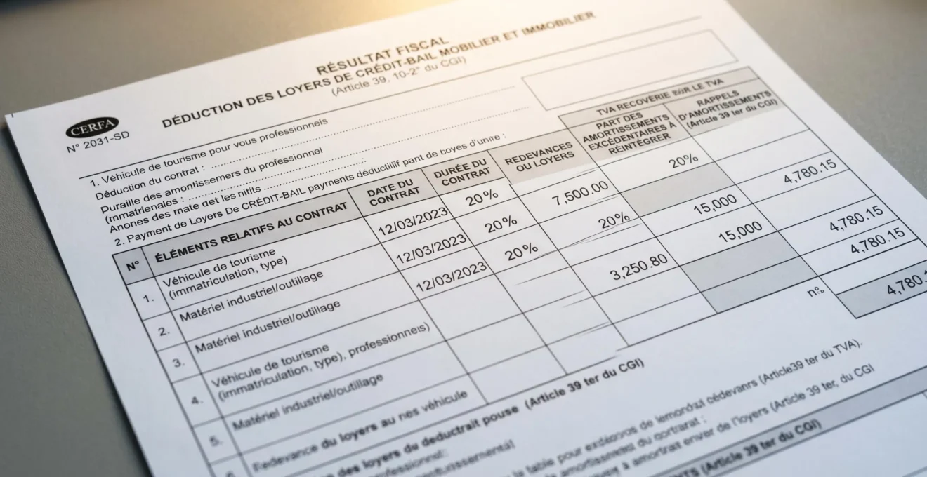 Formulaire fiscal français (Cerfa ou URSSAF) relatif au leasing professionnel avec colonnes de récupération TVA et déductibilité des loyers visibles sur un bureau