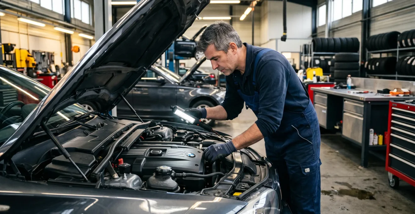 Mécanicien en bleu de travail inspectant le compartiment moteur d'une BMW série 1 gris foncé dans un atelier professionnel, lampe LED éclairant le bloc moteur