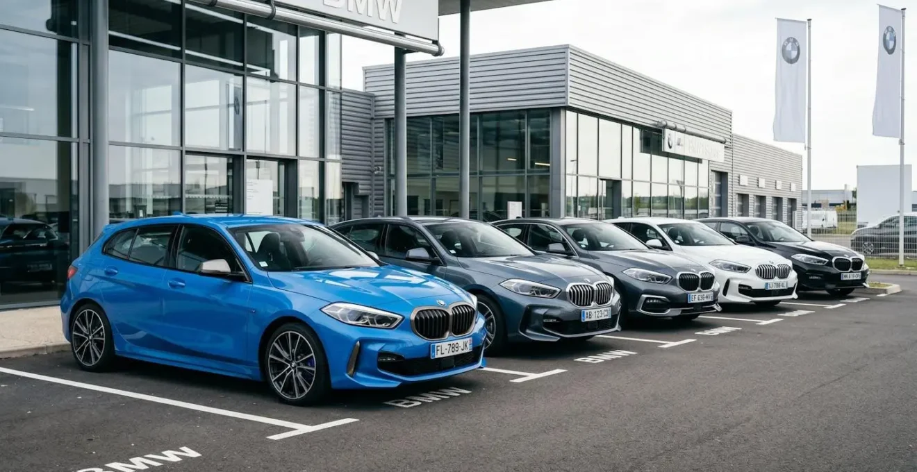 Parc exposition extérieur d'une concession BMW française présentant plusieurs BMW série 1 récentes d'occasion garées en diagonale sous lumière naturelle, finitions variées visibles
