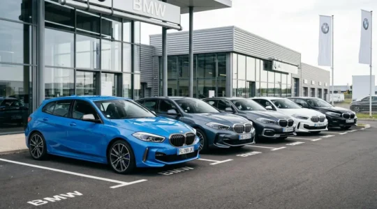 Parc exposition extérieur d'une concession BMW française présentant plusieurs BMW série 1 récentes d'occasion garées en diagonale sous lumière naturelle, finitions variées visibles