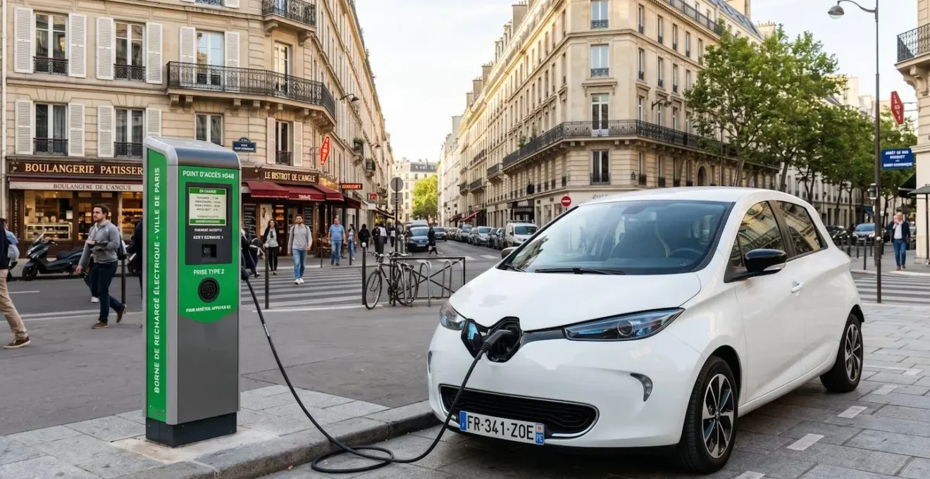 Renault ZOE électrique blanche stationnée à une borne de recharge publique urbaine avec câble connecté dans un environnement urbain français contemporain
