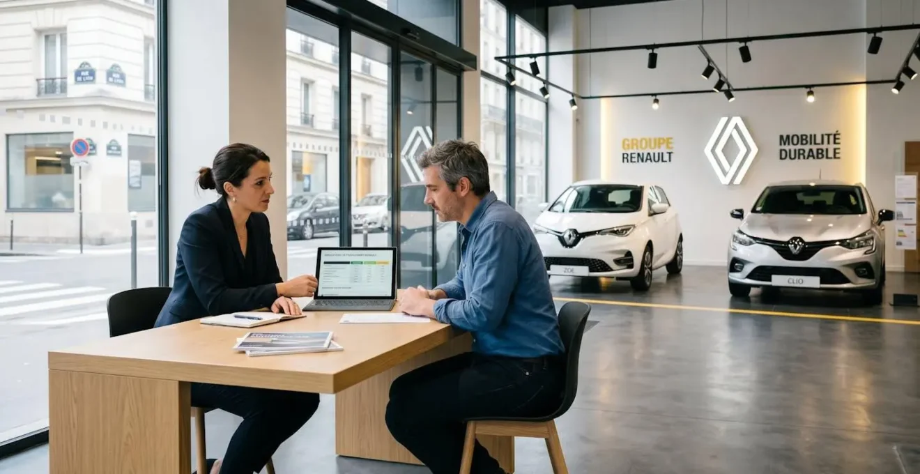 Showroom Renault moderne présentant une Clio E-Tech hybride et une ZOE électrique, avec une conseillère discutant avec un client près d'une tablette affichant des simulations de leasing