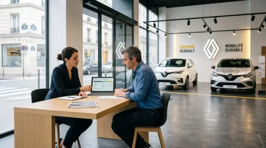 Showroom Renault moderne présentant une Clio E-Tech hybride et une ZOE électrique, avec une conseillère discutant avec un client près d'une tablette affichant des simulations de leasing